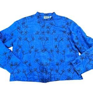 Chicos Womens cobalt blue silk light jacket with black embroidery Size 2